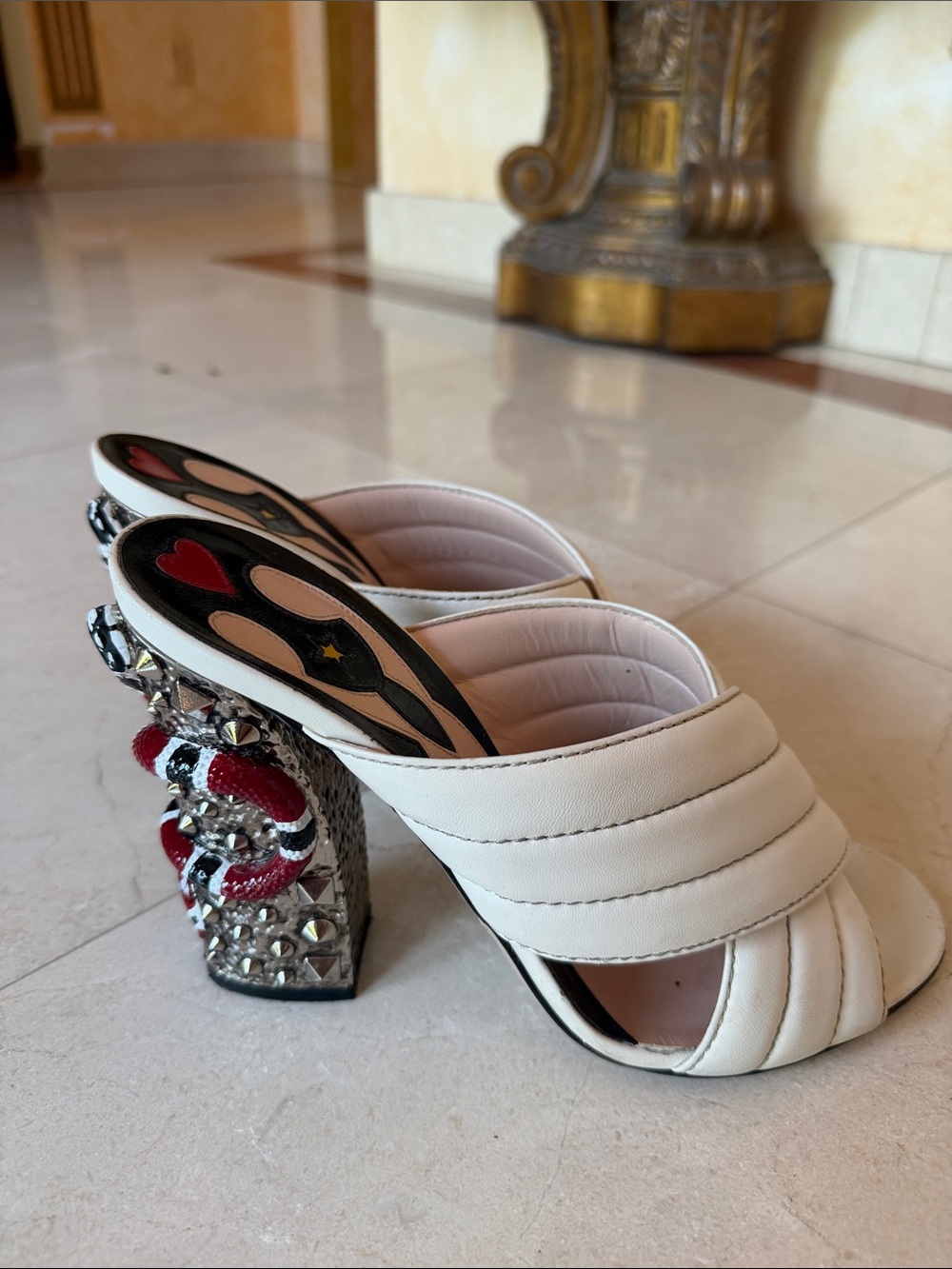 Gucci Cream Slip-On Heels with Red & Black Embellished Snake-Detail Heel